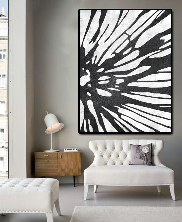 Modern Abstract Wall Art,Black And White Minimal Painting On Canvas - Modern Canvas Art